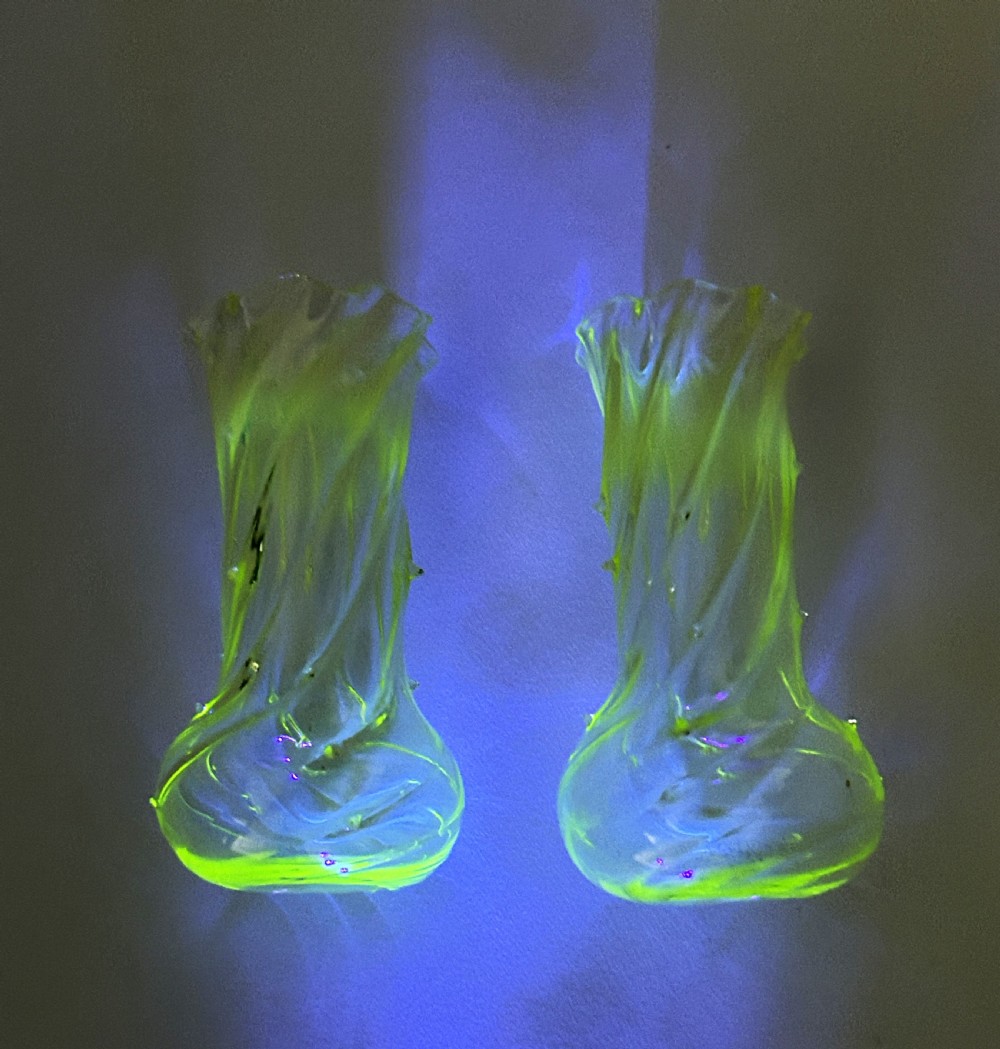 A gorgeous pair of Victorian uranium vaseline glass posy vases View VII