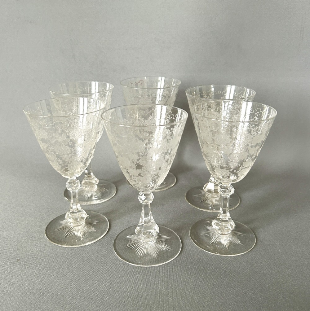 A gorgeous set of 6 Edwardian etched port/sherry glasses