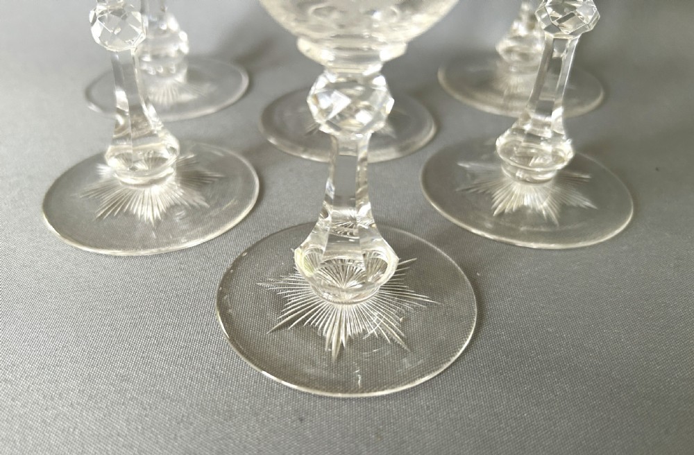A gorgeous set of 6 Edwardian etched port/sherry glasses View III