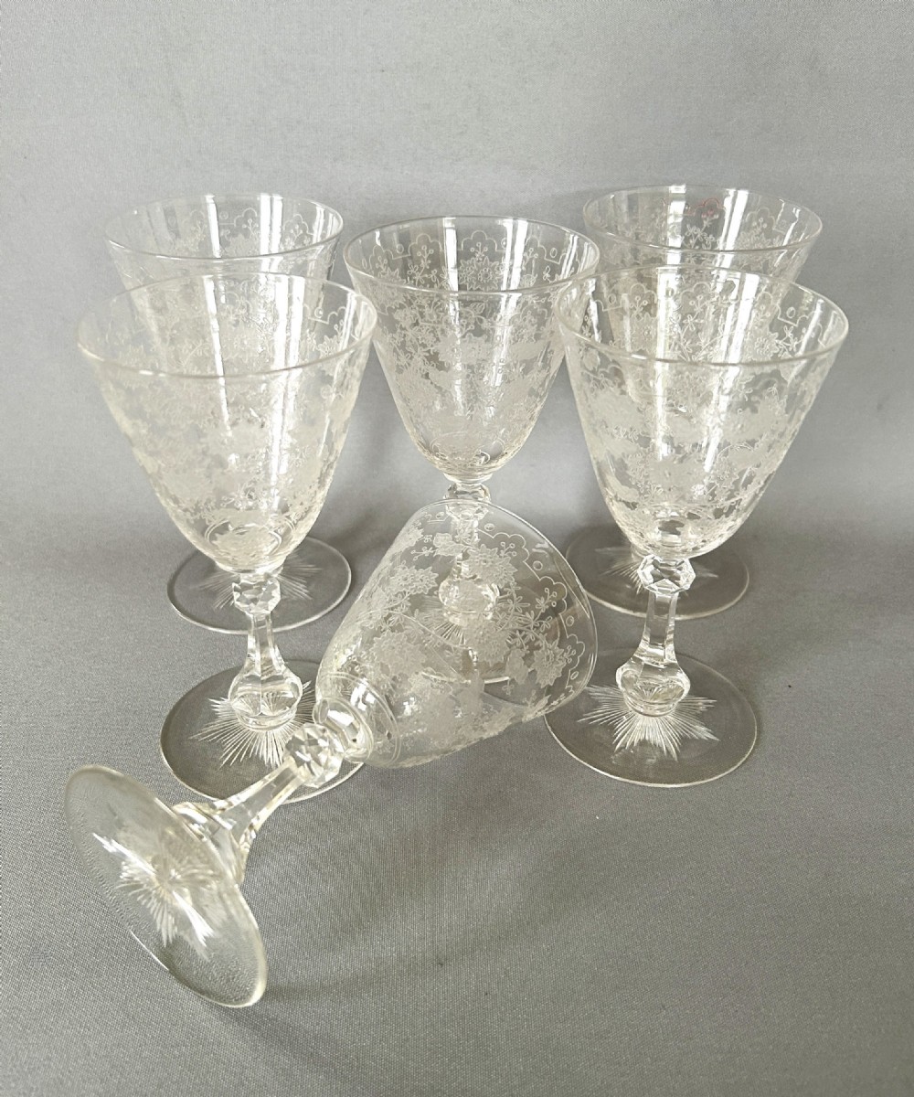A gorgeous set of 6 Edwardian etched port/sherry glasses View V