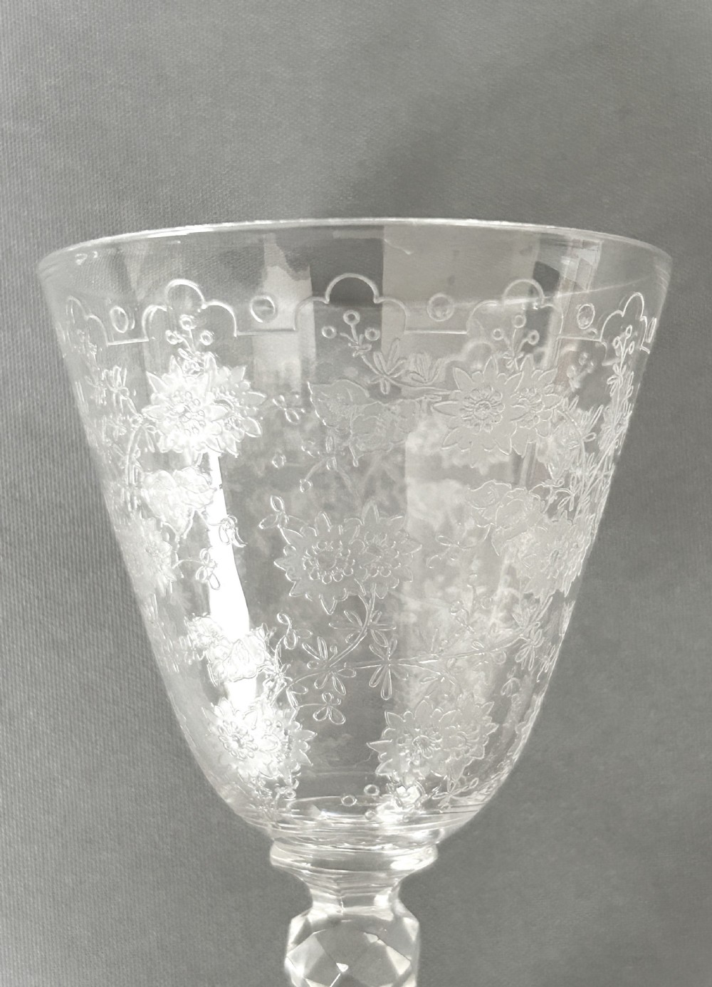 A gorgeous set of 6 Edwardian etched port/sherry glasses View VII