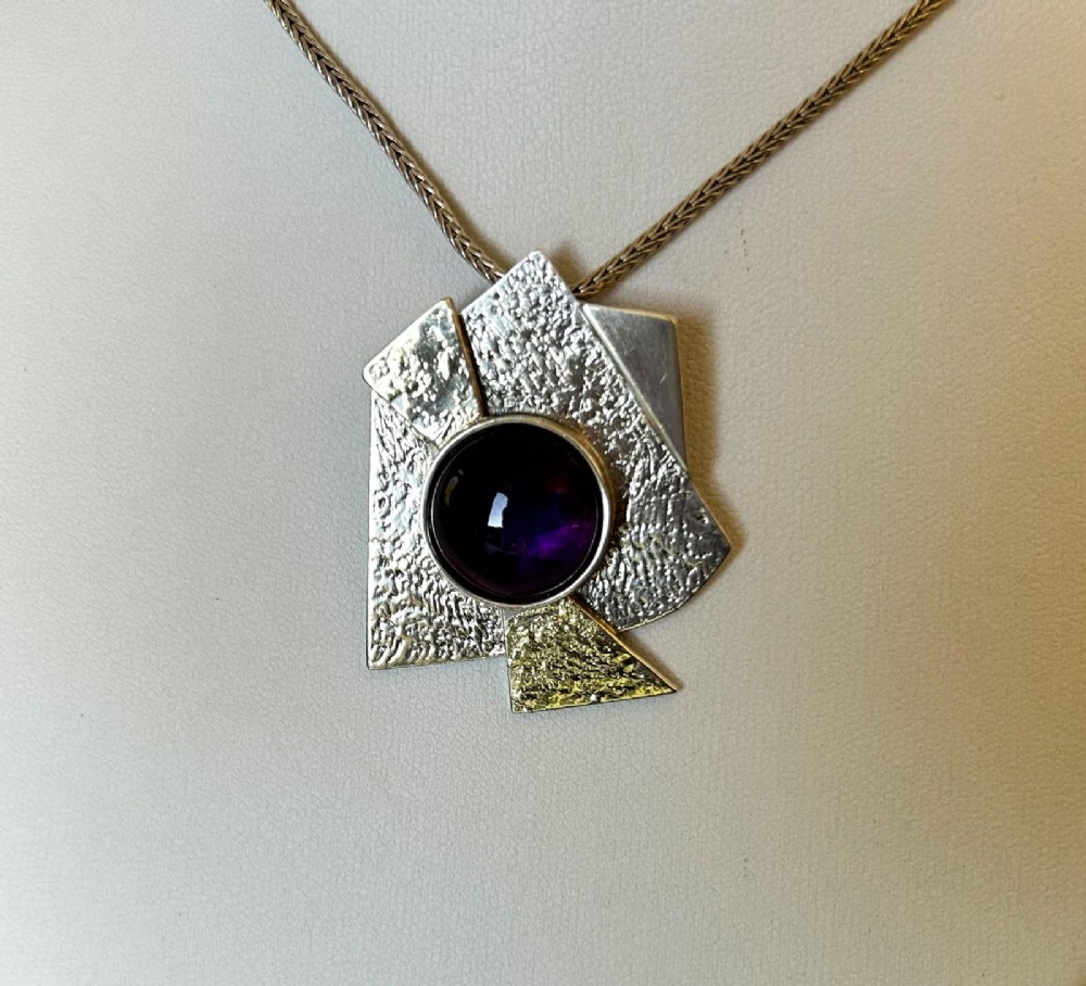 A Modernist Danish Silver & Amethyst Pendant Necklace
