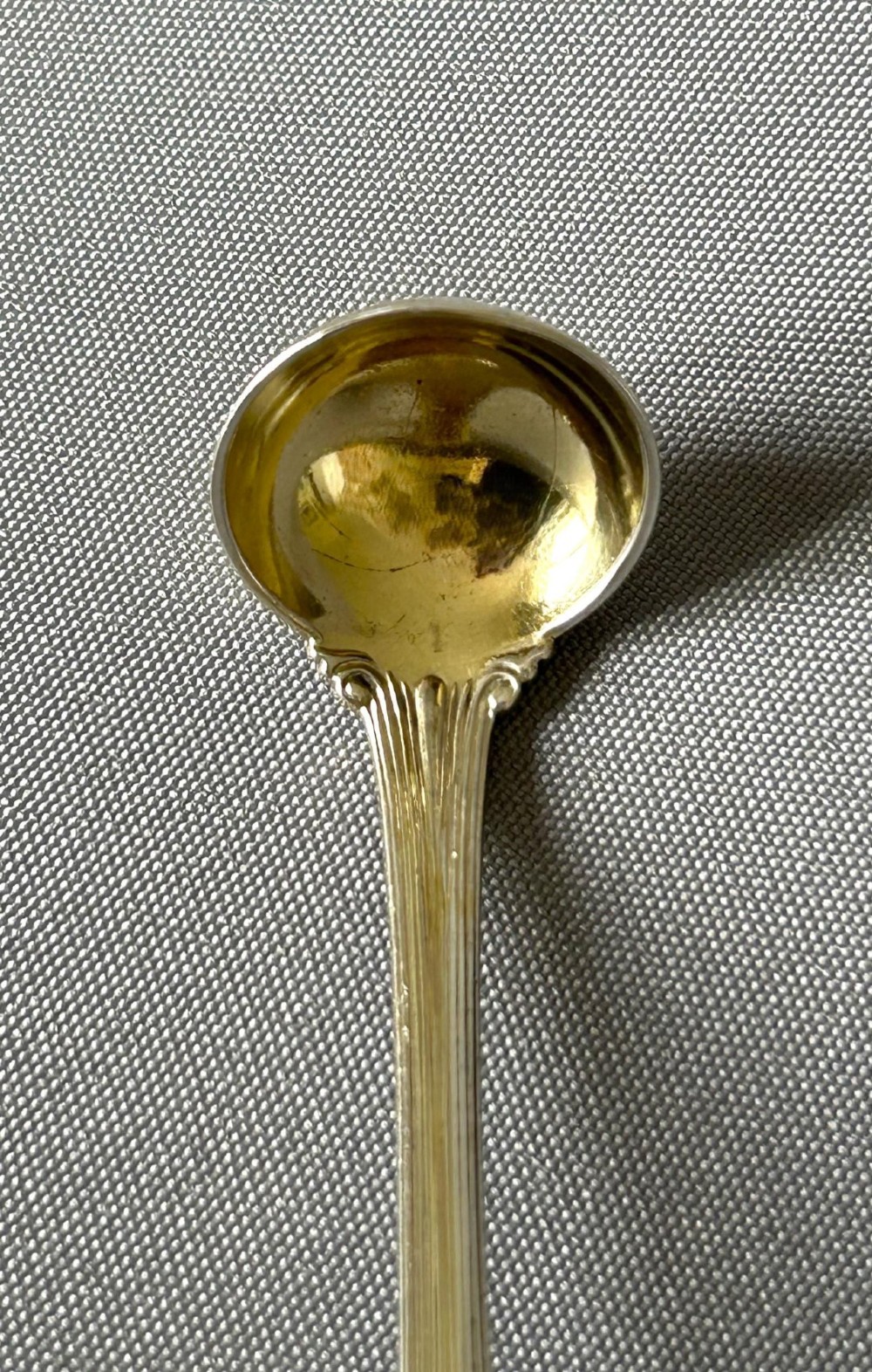 A long-handled Tiffany sterling silver condiment ladle featuring a round bowl and Colonial pattern shell terminal. View II