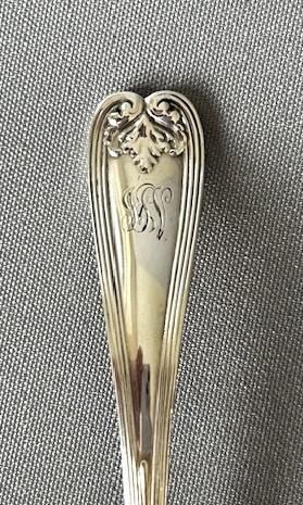 A long-handled Tiffany sterling silver condiment ladle featuring a round bowl and Colonial pattern shell terminal. View IV