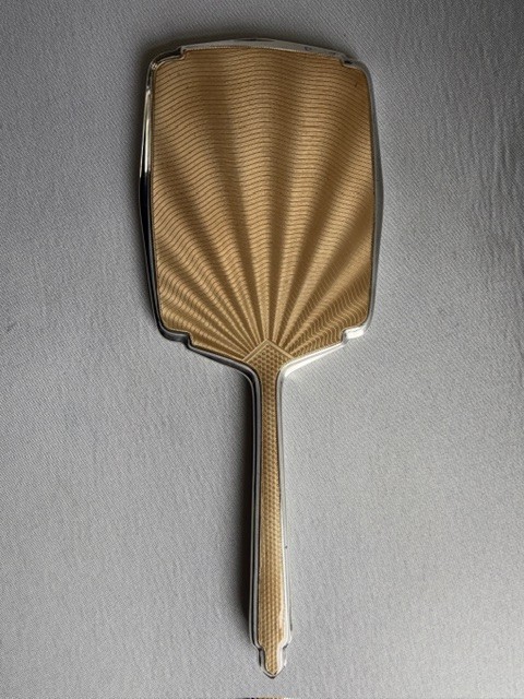 A gorgeous Art Deco silver & guilloche enamel hand mirror View V