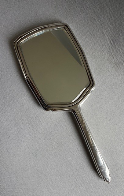 A gorgeous Art Deco silver & guilloche enamel hand mirror View VII