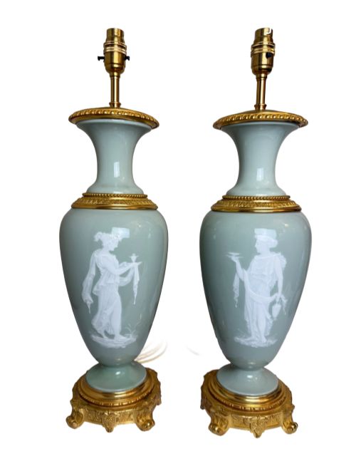 Pair of Antique Celadon Porcelain Pate-sur-pate Table Lamps
