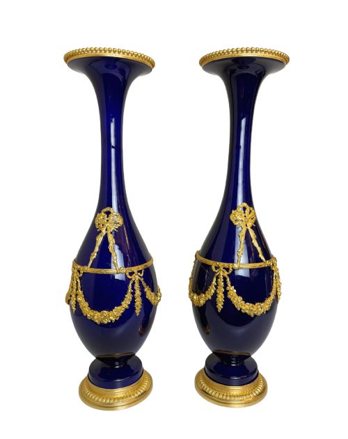 Pair of 19th C. Blue Porcelain Wide Rim Vases W/ Gilt Bronze Trim