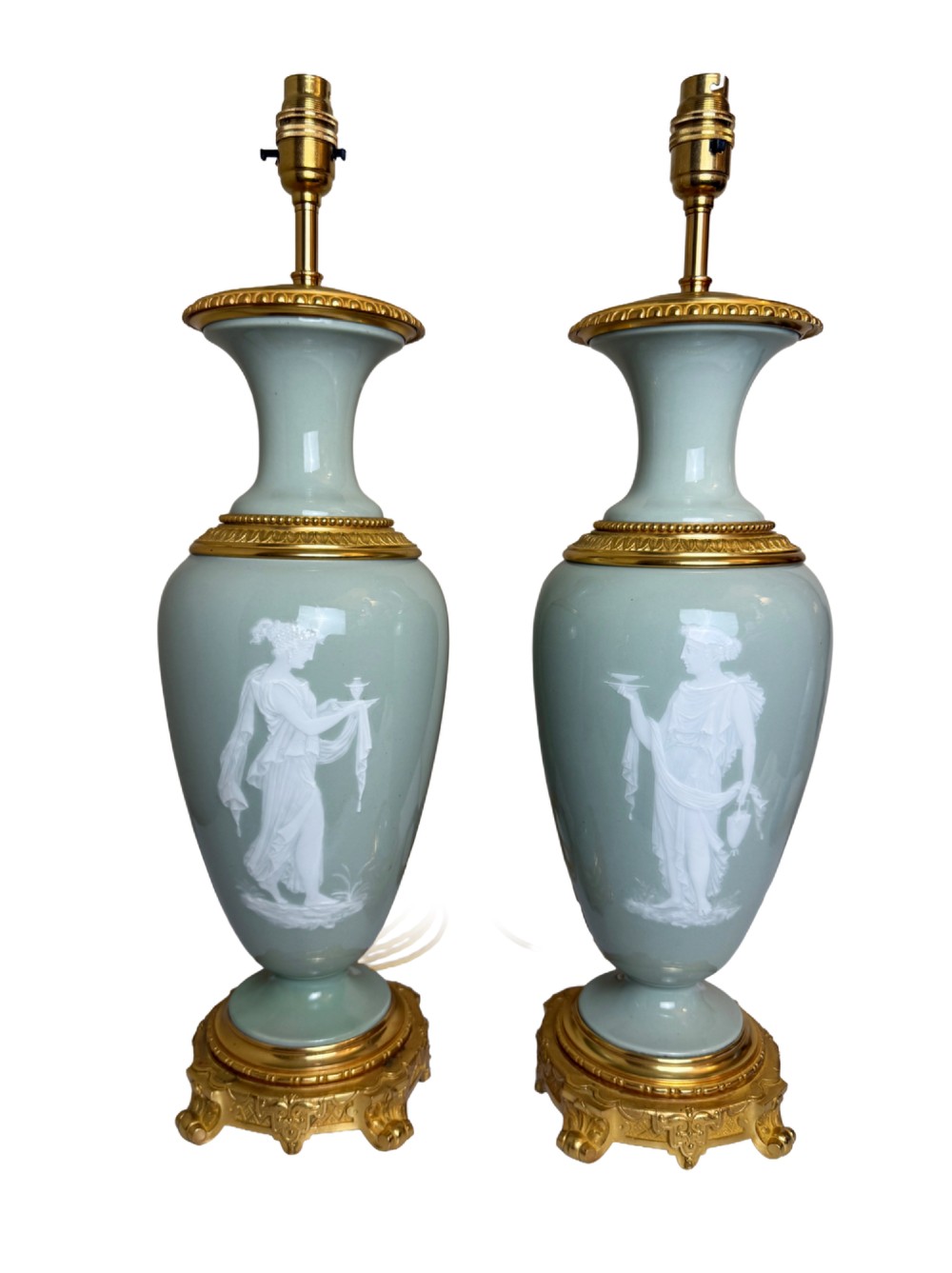Pair of Antique Celadon Porcelain Pate-sur-Pate Table Lamps