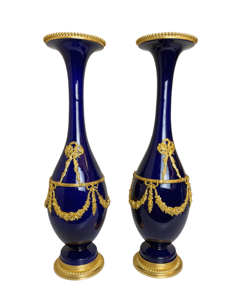 Pair of 19th C. Blue Porcelain Wide Rim Vases w/ Gilt Bronze Trim