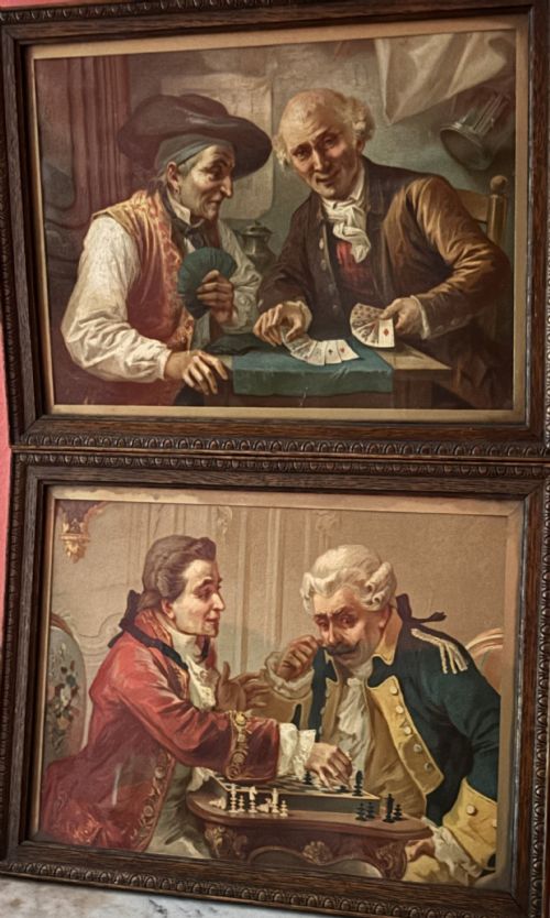 A pair of French Oleographs The Chess Players & The Card Players c1900
