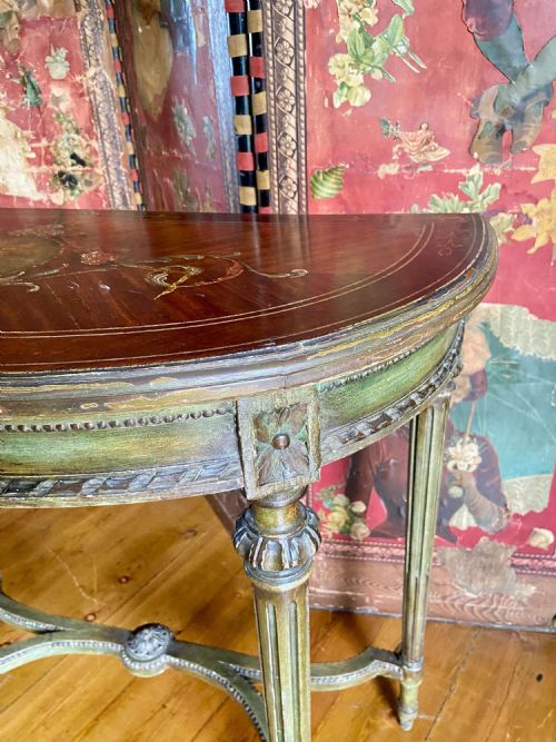 A FRENCH PAINTED SATINWOOD DEMI LUNE TABLE WITH DECORATIVE TOP - ADDITIONAL PHOTO 2