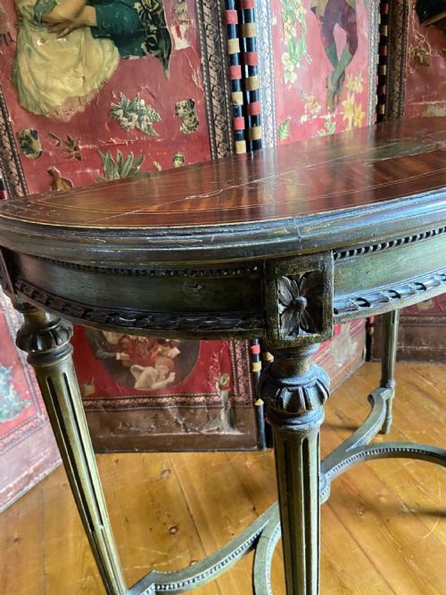 A FRENCH PAINTED SATINWOOD DEMI LUNE TABLE WITH DECORATIVE TOP - ADDITIONAL PHOTO 1