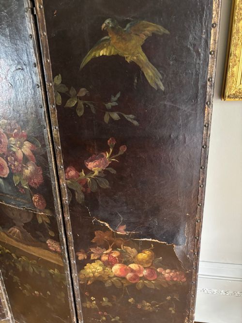 A THREE FOLD LEATHER GREEN HAND PAINTED C1880 - ADDITIONAL PHOTO 4