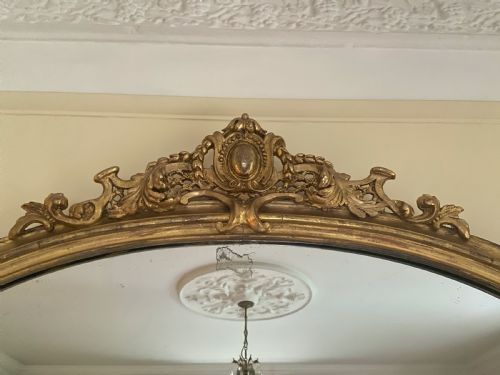 A LARGE GILTWOOD WAISTED OVERMANTLE MIRROR WITH CARVED PEDIMENT C 1850 - ADDITIONAL PHOTO 2