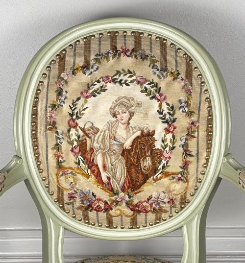 A FRENCH TAPESTRY OPEN ARMCHAIR WITH RARE PETIT NEEDLEPOINT PANELS C 1780 - ADDITIONAL PHOTO 1