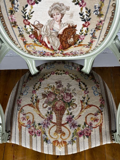 A FRENCH TAPESTRY OPEN ARMCHAIR WITH RARE PETIT NEEDLEPOINT PANELS C 1780 - ADDITIONAL PHOTO 2