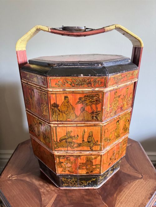 A Large Red Lacquer 3 Tier Dowry Basket C1890-1910