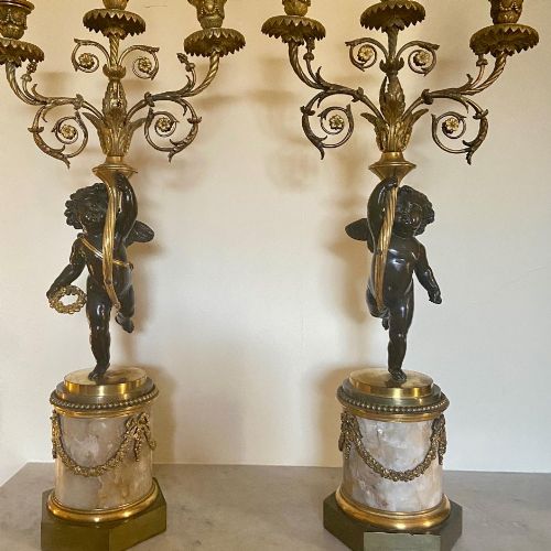 A Pair of Late Louis Xvi Period Patinated Bronze Putti & Fluorspar Candelabra. After Francois Redmond.