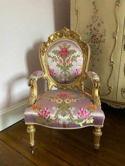 Very Rare English Walnut Carved Gilt Wood Open Armchair. C1830