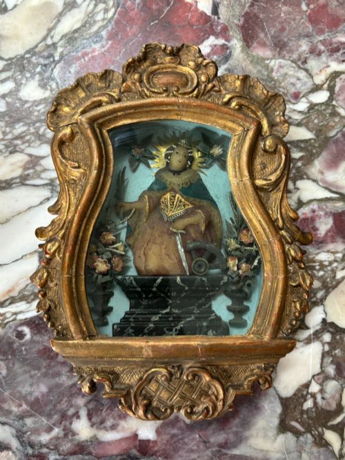 18th C Wax Devotional Icon of St Catherine of Alexandria, Giltwood Frame