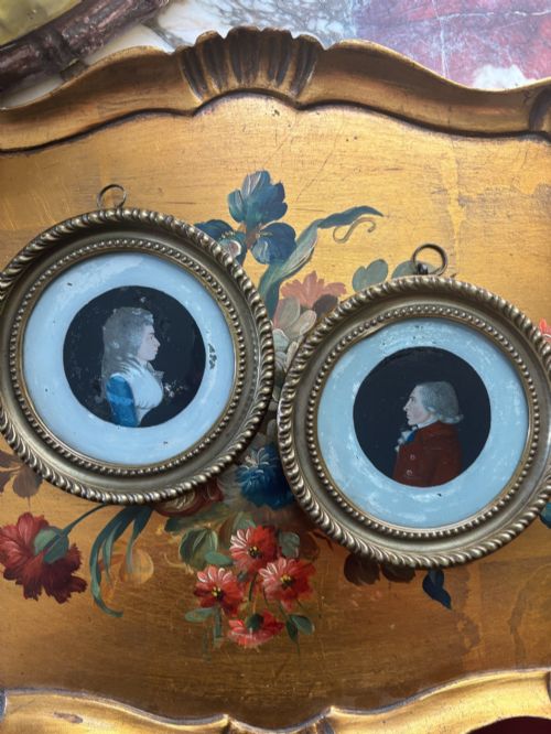 Pair of Miniature Marriage portraits. reverse painted on glass 1792