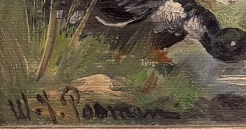 An oil painting on canvas depicting three ducks at a woodland pool, housed within an ornate carved giltwood frame. View III