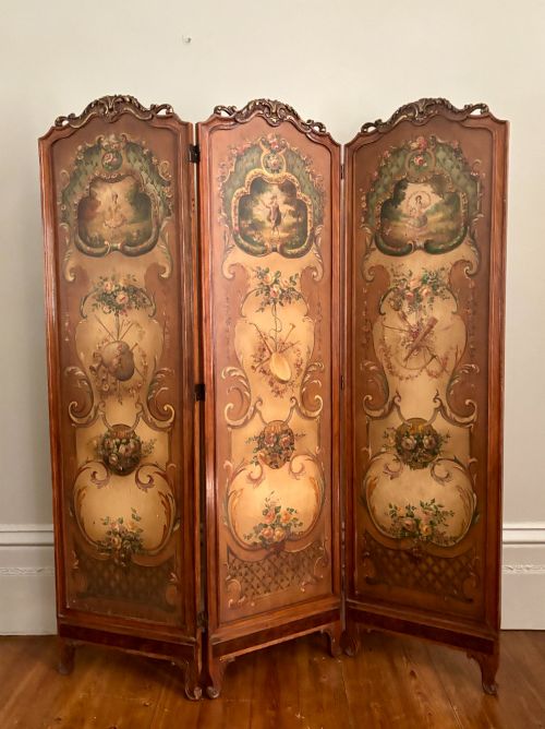 A French 3 Fold Walnut Screen with the Panels with Pastoral Scenes C1900