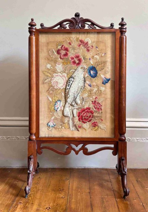 A Victorian Fire Screen with Berlin Work Panel C1850