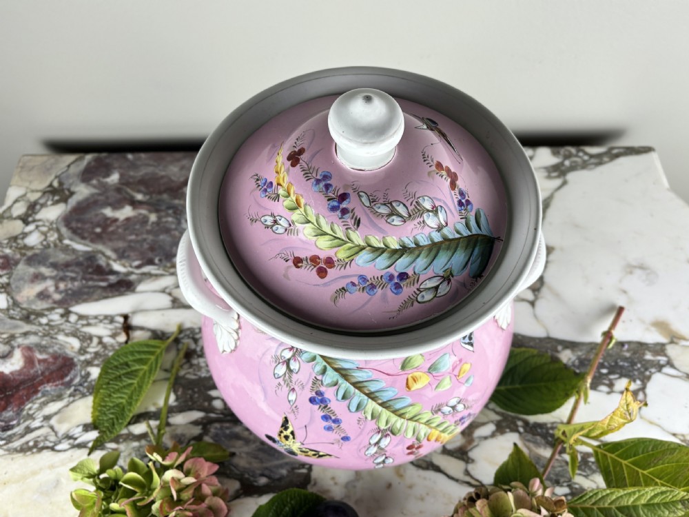 A Victorian Minton ceramic lidded pail featuring hand-painted butterflies and botanical foliage over a pink ground with twin white handles. View III