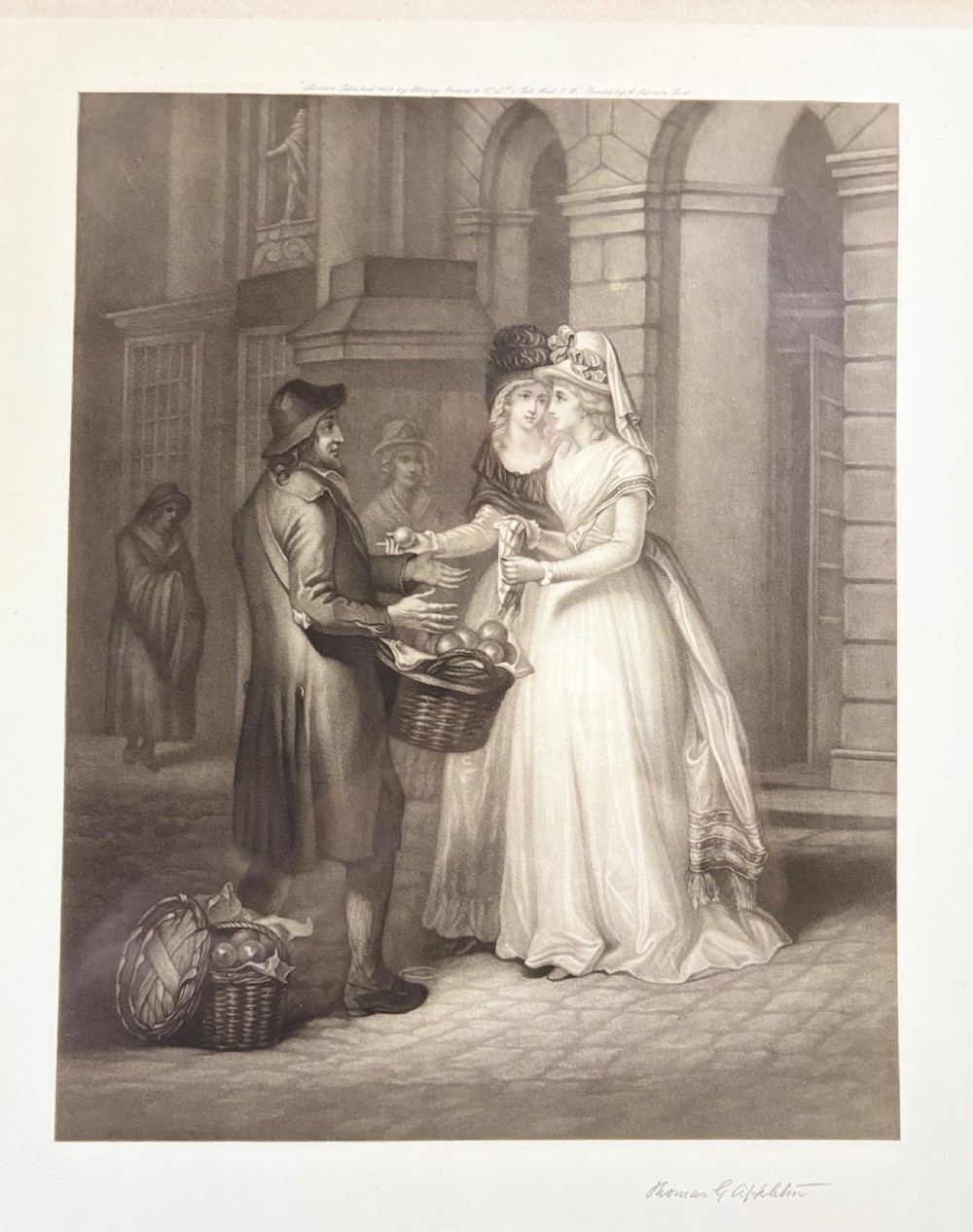 A set of six uniformly framed 19th-century monochrome mezzotint prints depicting figurative street scenes with light cream mounts and dark wood frames. View IV