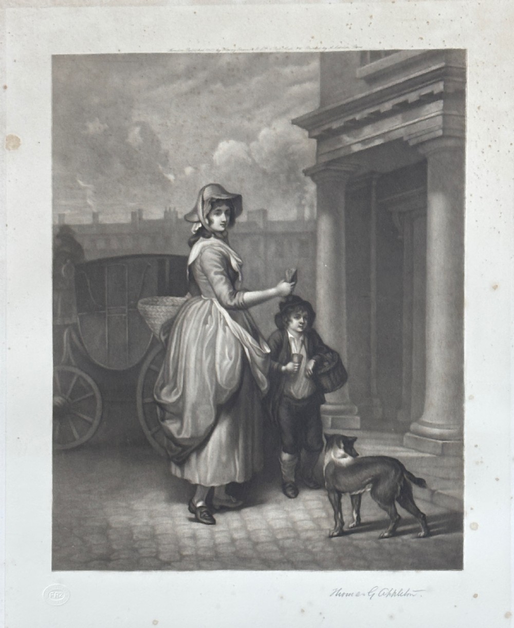A set of six uniformly framed 19th-century monochrome mezzotint prints depicting figurative street scenes with light cream mounts and dark wood frames. View VII