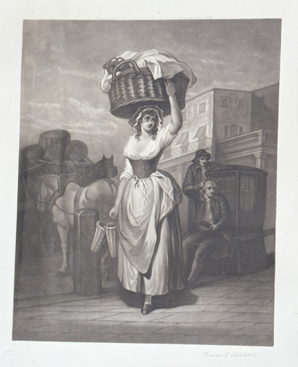 A set of six uniformly framed 19th-century monochrome mezzotint prints depicting figurative street scenes with light cream mounts and dark wood frames. View VIII