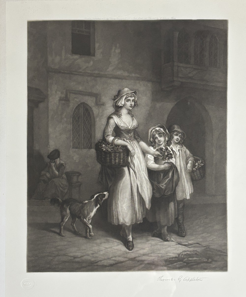 A set of six uniformly framed 19th-century monochrome mezzotint prints depicting figurative street scenes with light cream mounts and dark wood frames. View IX