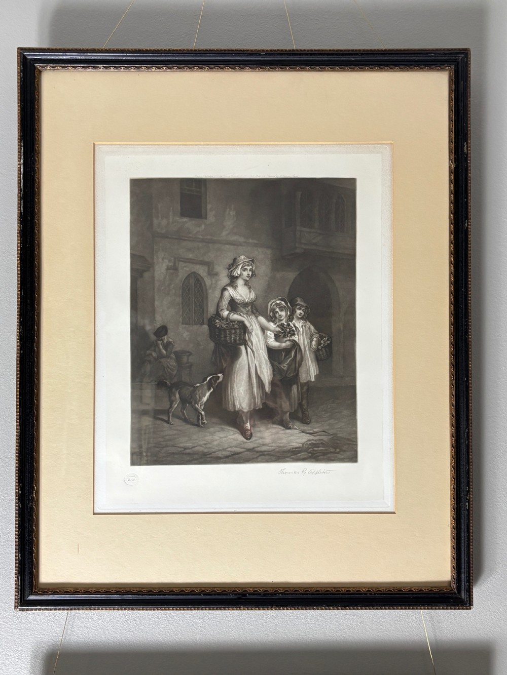 A set of six uniformly framed 19th-century monochrome mezzotint prints depicting figurative street scenes with light cream mounts and dark wood frames. View XIII