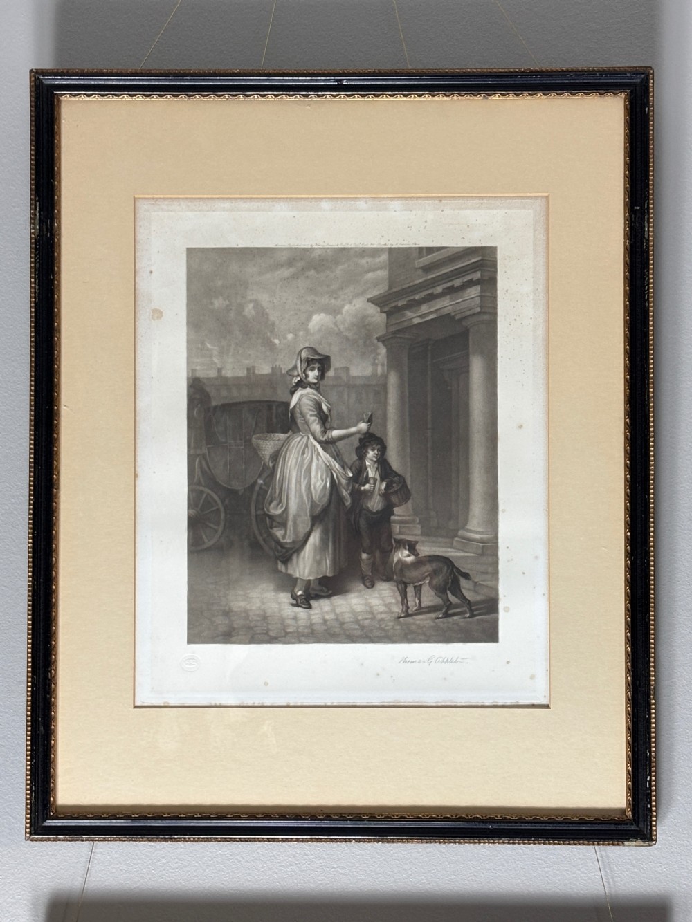 A set of six uniformly framed 19th-century monochrome mezzotint prints depicting figurative street scenes with light cream mounts and dark wood frames. View XV