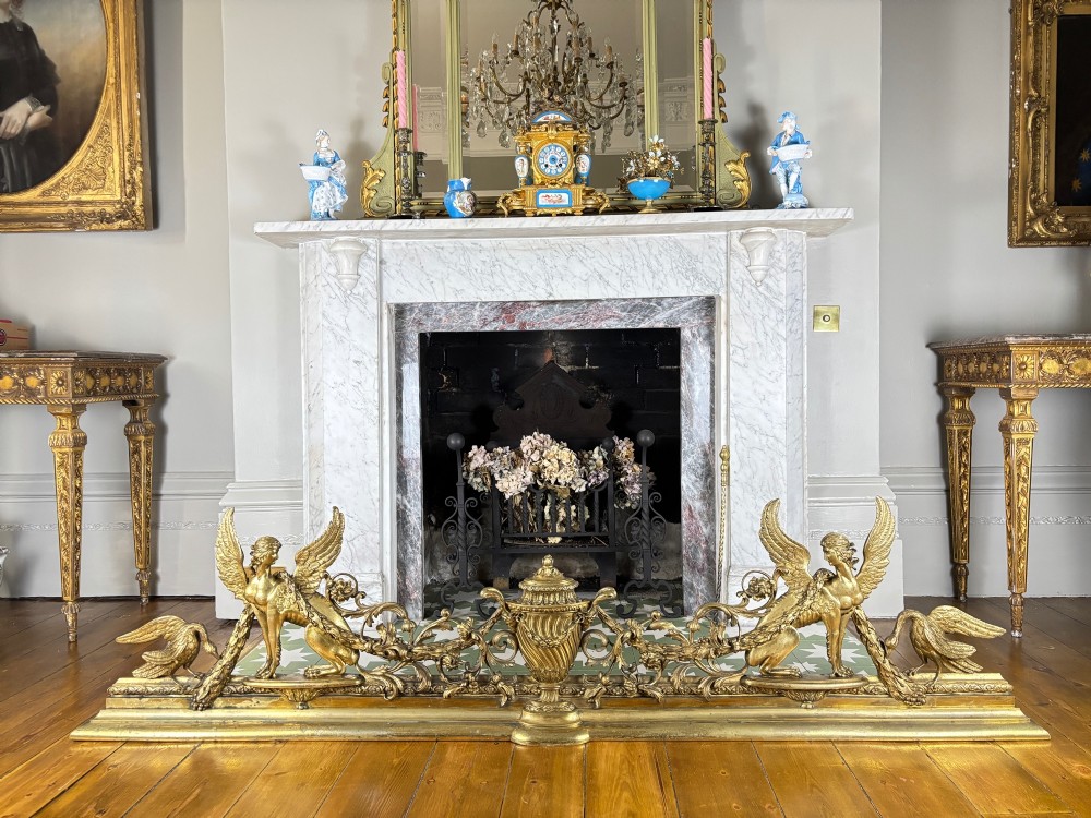 A long gilt bronze fireplace fender featuring winged sphinxes on either side, foliate scrollwork, and a central classical urn on a stepped base. View VIII