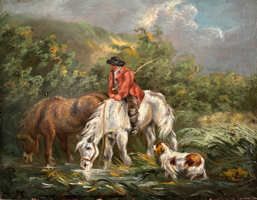 A framed Georgian oil painting on board depicting a man seated on a white horse alongside a brown horse drinking from a stream with a small dog nearby. View II