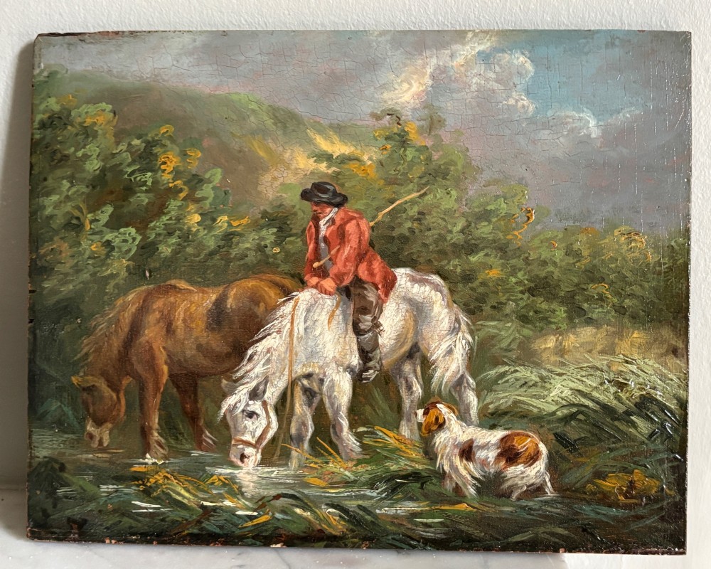 A framed Georgian oil painting on board depicting a man seated on a white horse alongside a brown horse drinking from a stream with a small dog nearby. View IV