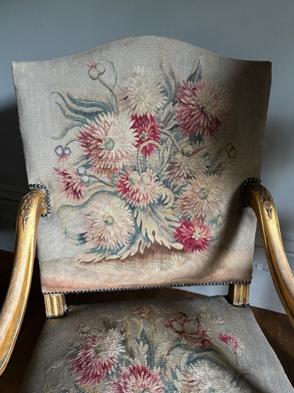 Late 19th-century French Regence style open armchair with a carved giltwood frame and floral tapestry upholstery. View III