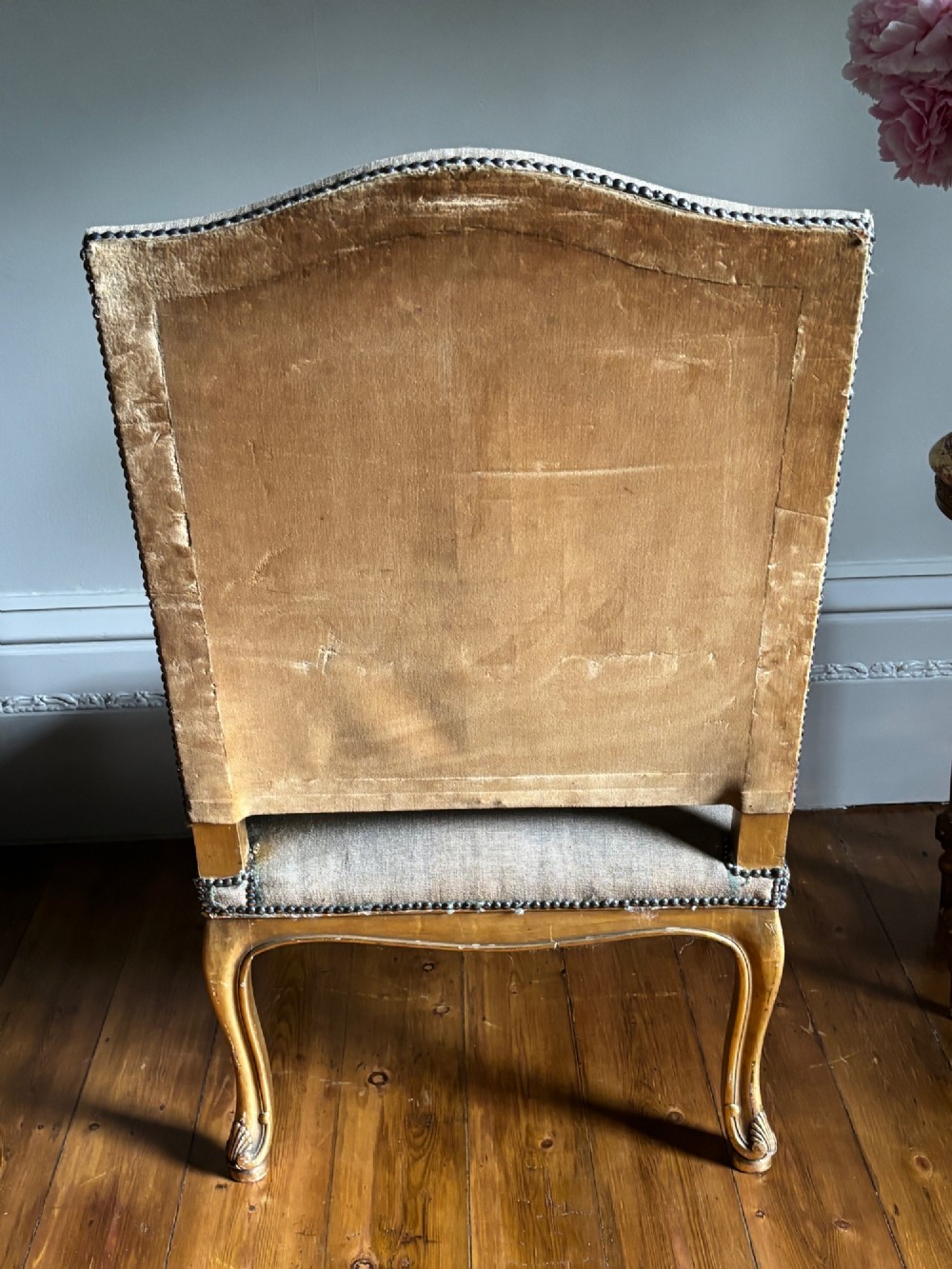 Late 19th-century French Regence style open armchair with a carved giltwood frame and floral tapestry upholstery. View VII