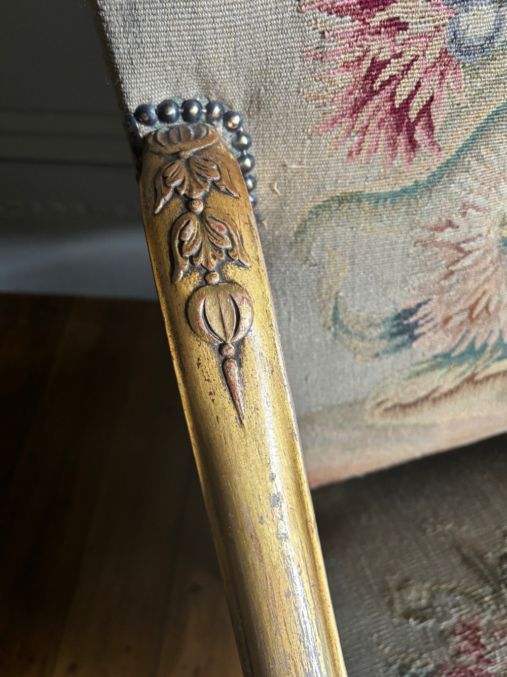 Late 19th-century French Regence style open armchair with a carved giltwood frame and floral tapestry upholstery. View VIII