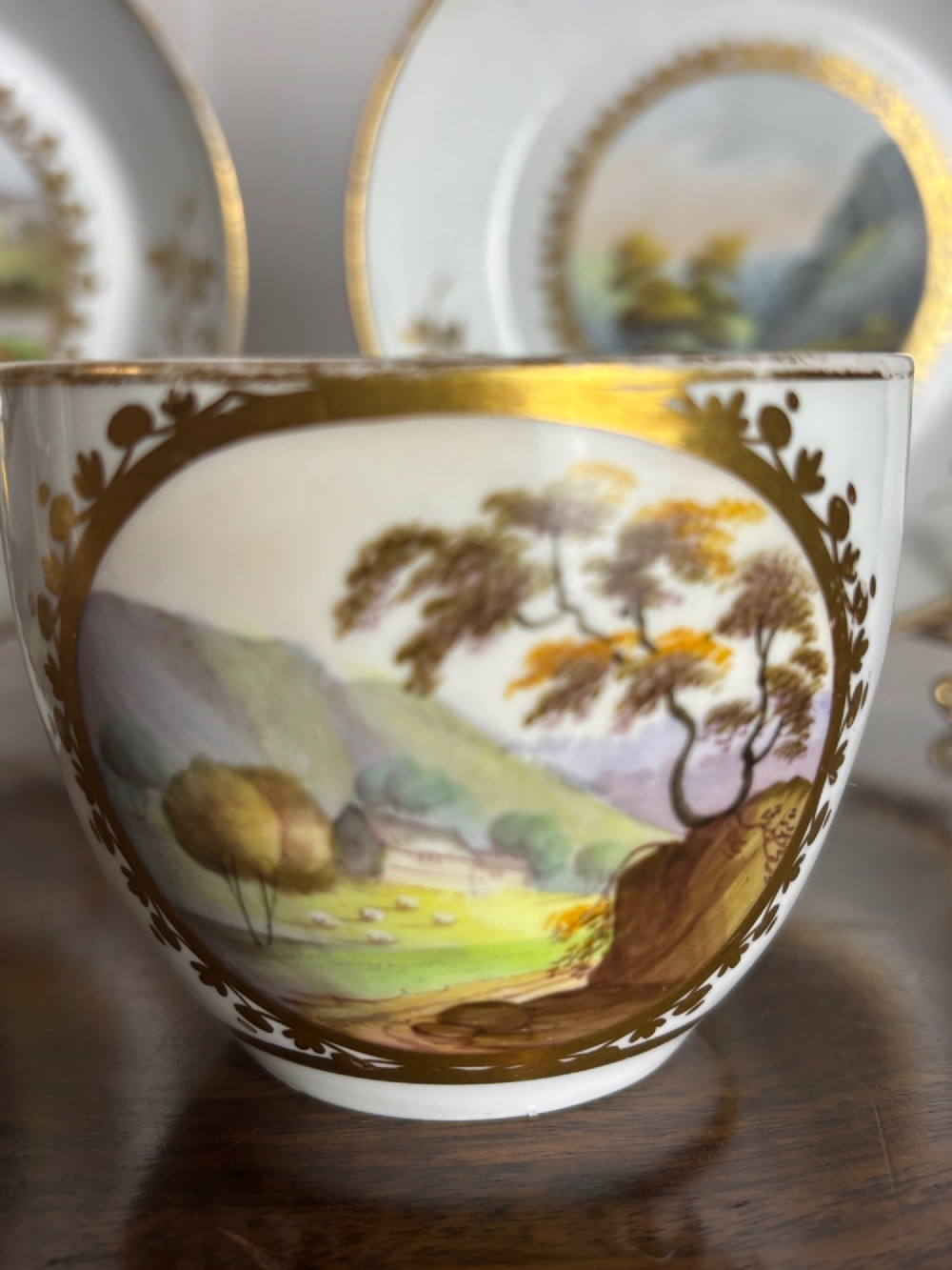 A pair of white Georgian porcelain teacups and saucers with hand-painted landscape scenes enclosed within gilded foliate borders. View IV