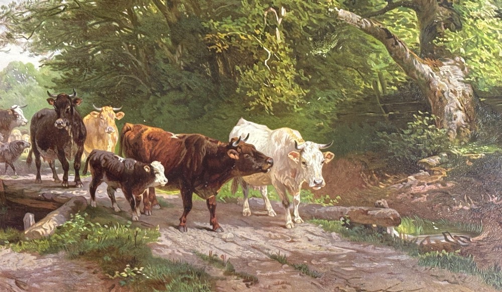 A pair of framed 19th-century pastoral oil paintings depicting rural landscapes with cattle and figures, set within matching giltwood frames. View III