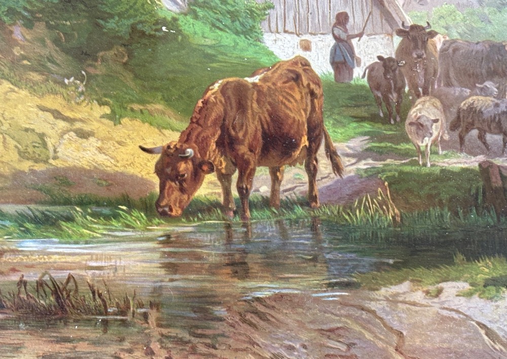 A pair of framed 19th-century pastoral oil paintings depicting rural landscapes with cattle and figures, set within matching giltwood frames. View IV