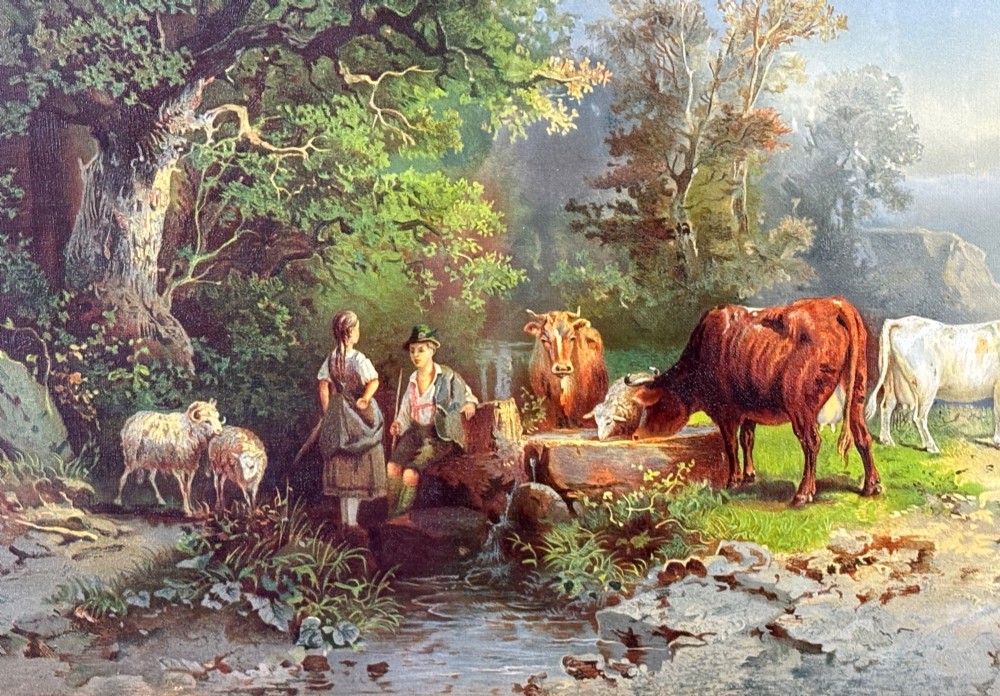 A pair of framed 19th-century pastoral oil paintings depicting rural landscapes with cattle and figures, set within matching giltwood frames. View VI