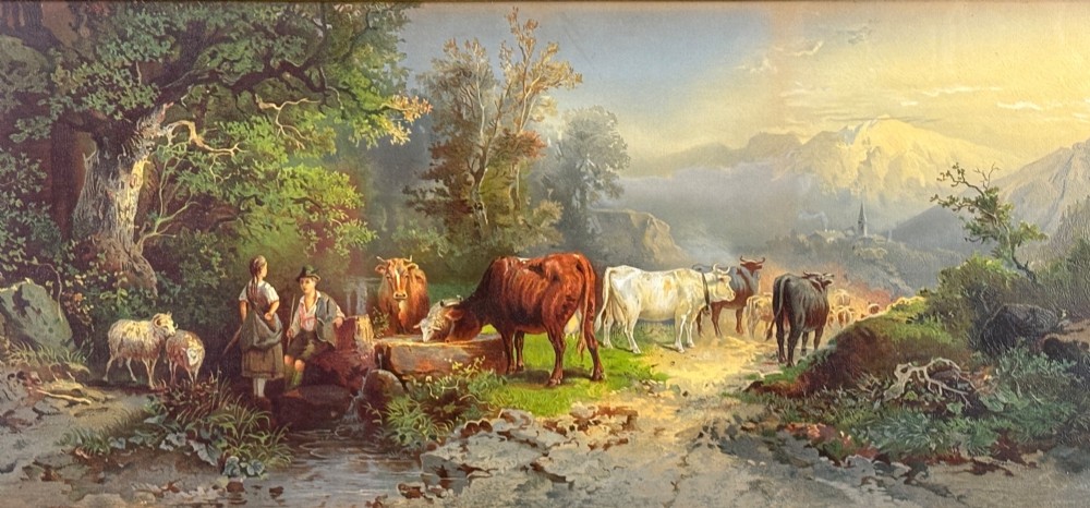 A pair of framed 19th-century pastoral oil paintings depicting rural landscapes with cattle and figures, set within matching giltwood frames. View VII