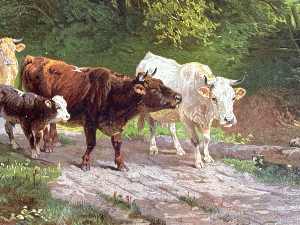 A pair of framed 19th-century pastoral oil paintings depicting rural landscapes with cattle and figures, set within matching giltwood frames. View VIII