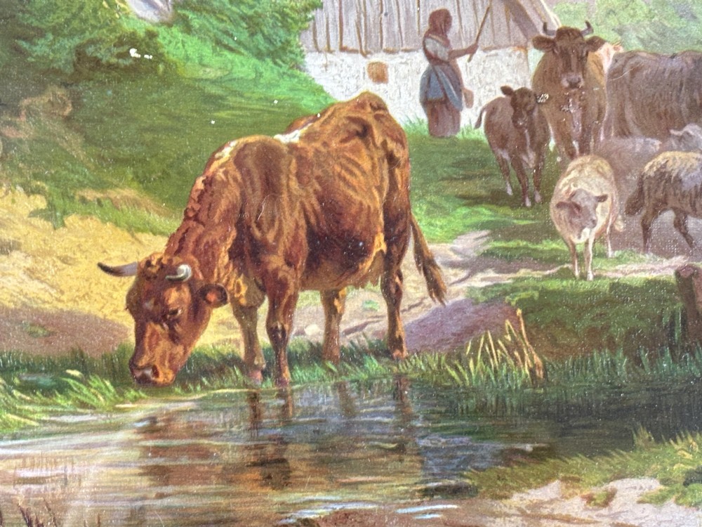 A pair of framed 19th-century pastoral oil paintings depicting rural landscapes with cattle and figures, set within matching giltwood frames. View IX
