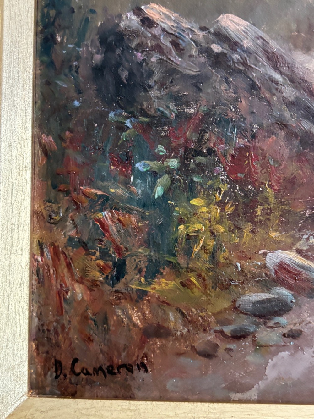 An oil painting on canvas depicting a flock of sheep and a sheepdog on a Scottish mountain path at sunset, presented in an ornate giltwood frame. View V